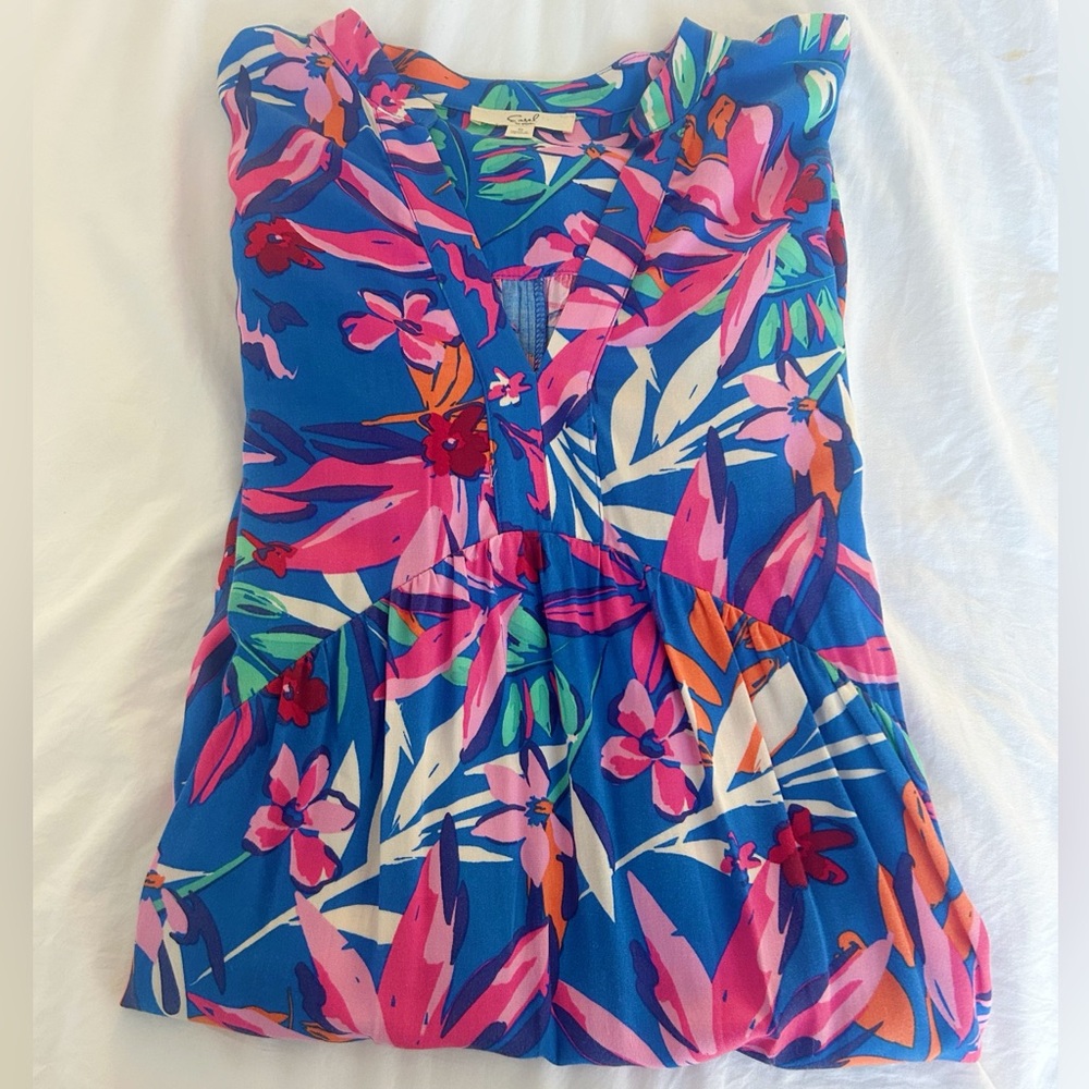 Easel Blue Floral Dress with Pink and Green Accents
